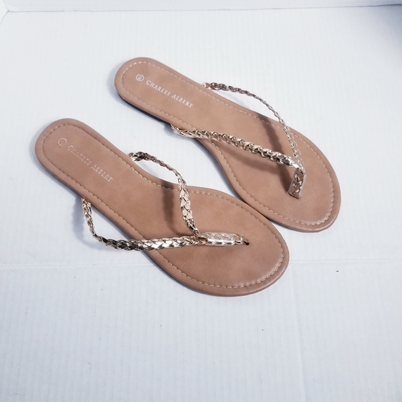 CHARLES ALBERT BROWN WITH ROSE GOLD FLIP FLOPS SIZE 10/11 - Picture 1 of 7